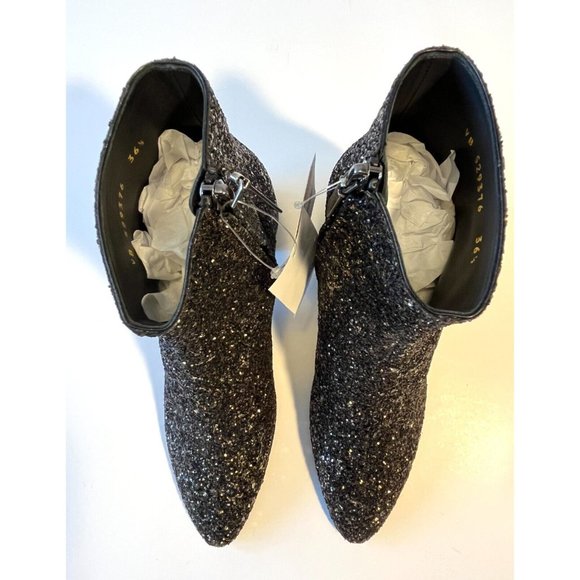 Saint Laurent Black Glitter Block Heel Ankle Booties, Sz 6.5 (US) 36.5 (EU) New - Picture 3 of 12
